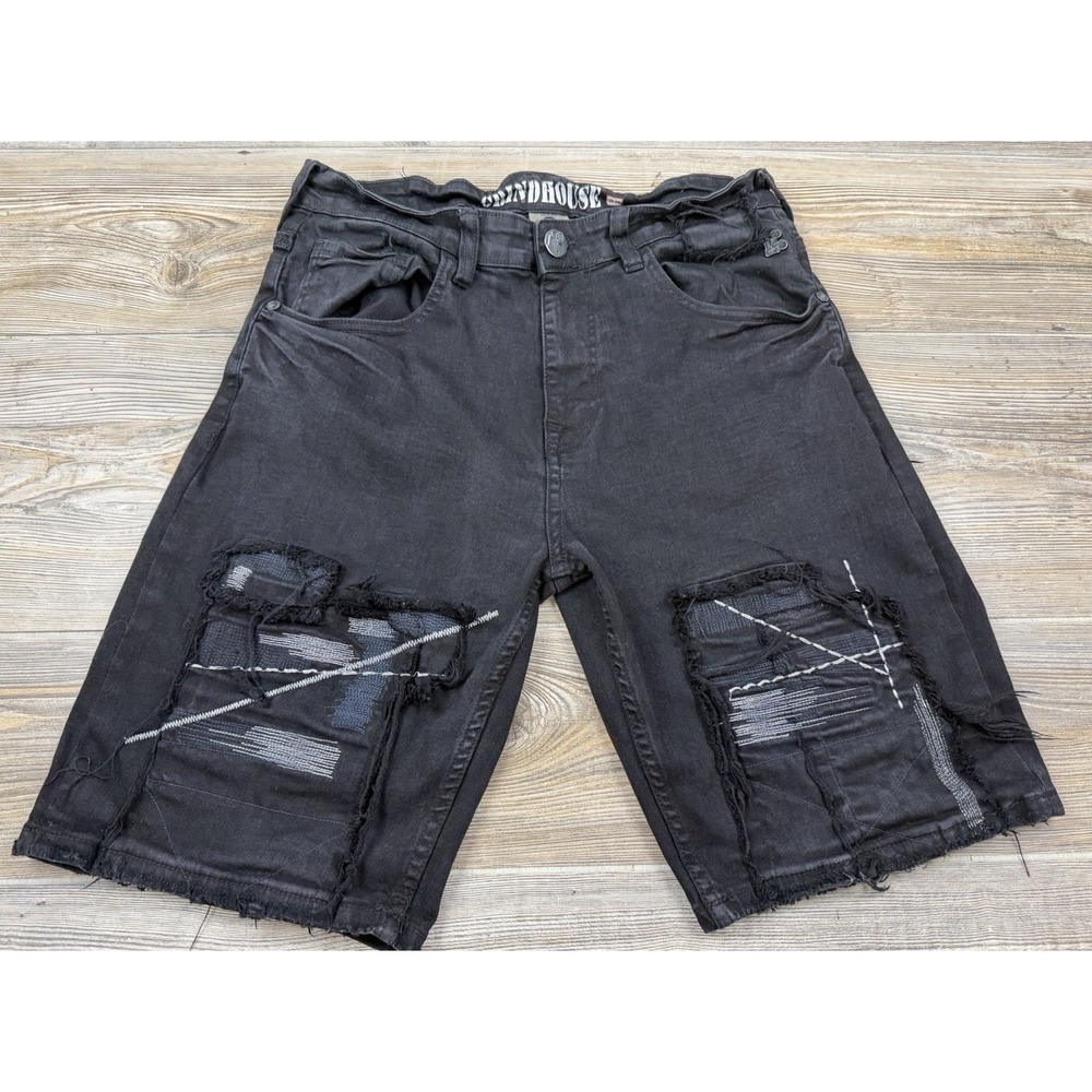 Grindhouse Denim Men's 32 Distressed Moto Jean Shorts Black Ripped Raw Hem